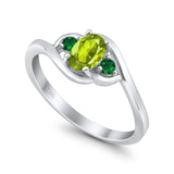 Three Stone Engagement Ring Oval Cut Round Simulated Green Emerald Cubic Zirconia 925 Sterling Silver