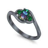 Three Stone Engagement Ring Oval Cut Round Simulated Green Emerald Cubic Zirconia 925 Sterling Silver