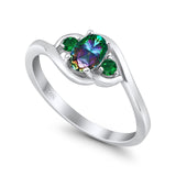 Three Stone Engagement Ring Oval Cut Round Simulated Green Emerald Cubic Zirconia 925 Sterling Silver