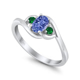 Three Stone Engagement Ring Oval Cut Round Simulated Green Emerald Cubic Zirconia 925 Sterling Silver