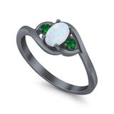 Three Stone Engagement Ring Oval Cut Round Simulated Green Emerald Cubic Zirconia 925 Sterling Silver