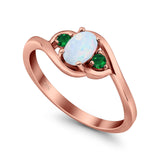 Three Stone Engagement Ring Oval Cut Round Simulated Green Emerald Cubic Zirconia 925 Sterling Silver