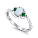 Three Stone Engagement Ring Oval Cut Round Simulated Green Emerald Cubic Zirconia 925 Sterling Silver