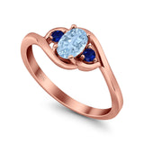 Three Stone Engagement Ring Oval Cut Round Simulated Blue Sapphire Cubic Zirconia 925 Sterling Silver