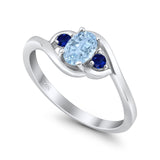 Three Stone Engagement Ring Oval Cut Round Simulated Blue Sapphire Cubic Zirconia 925 Sterling Silver