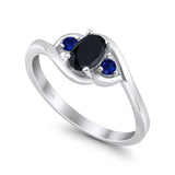 Three Stone Engagement Ring Oval Cut Round Simulated Blue Sapphire Cubic Zirconia 925 Sterling Silver