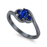 Three Stone Engagement Ring Oval Cut Round Simulated Blue Sapphire Cubic Zirconia 925 Sterling Silver