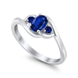 Three Stone Engagement Ring Oval Cut Round Simulated Blue Sapphire Cubic Zirconia 925 Sterling Silver