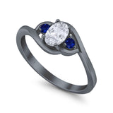 Three Stone Engagement Ring Oval Cut Round Simulated Blue Sapphire Cubic Zirconia 925 Sterling Silver