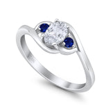 Three Stone Engagement Ring Oval Cut Round Simulated Blue Sapphire Cubic Zirconia 925 Sterling Silver