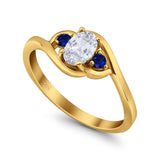 Three Stone Engagement Ring Oval Cut Round Simulated Blue Sapphire Cubic Zirconia 925 Sterling Silver