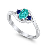 Three Stone Engagement Ring Oval Cut Round Simulated Blue Sapphire Cubic Zirconia 925 Sterling Silver