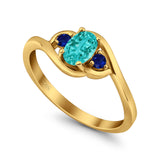Three Stone Engagement Ring Oval Cut Round Simulated Blue Sapphire Cubic Zirconia 925 Sterling Silver