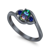 Three Stone Engagement Ring Oval Cut Round Simulated Blue Sapphire Cubic Zirconia 925 Sterling Silver