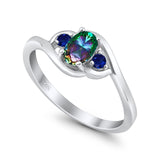 Three Stone Engagement Ring Oval Cut Round Simulated Blue Sapphire Cubic Zirconia 925 Sterling Silver