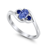 Three Stone Engagement Ring Oval Cut Round Simulated Blue Sapphire Cubic Zirconia 925 Sterling Silver
