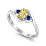 Three Stone Engagement Ring Oval Cut Round Simulated Blue Sapphire Cubic Zirconia 925 Sterling Silver