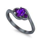 Three Stone Engagement Ring Oval Cut Round Simulated Amethyst Cubic Zirconia 925 Sterling Silver