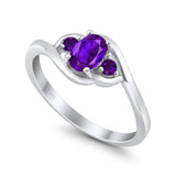 Three Stone Engagement Ring Oval Cut Round Simulated Amethyst Cubic Zirconia 925 Sterling Silver
