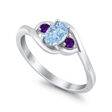 Three Stone Engagement Ring Oval Cut Round Simulated Amethyst Cubic Zirconia 925 Sterling Silver