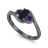 Three Stone Engagement Ring Oval Cut Round Simulated Amethyst Cubic Zirconia 925 Sterling Silver