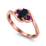 Three Stone Engagement Ring Oval Cut Round Simulated Amethyst Cubic Zirconia 925 Sterling Silver