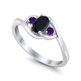 Three Stone Engagement Ring Oval Cut Round Simulated Amethyst Cubic Zirconia 925 Sterling Silver