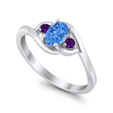 Three Stone Engagement Ring Oval Cut Round Simulated Amethyst Cubic Zirconia 925 Sterling Silver
