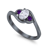 Three Stone Engagement Ring Oval Cut Round Simulated Amethyst Cubic Zirconia 925 Sterling Silver