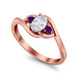 Three Stone Engagement Ring Oval Cut Round Simulated Amethyst Cubic Zirconia 925 Sterling Silver