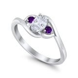 Three Stone Engagement Ring Oval Cut Round Simulated Amethyst Cubic Zirconia 925 Sterling Silver