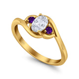 Three Stone Engagement Ring Oval Cut Round Simulated Amethyst Cubic Zirconia 925 Sterling Silver