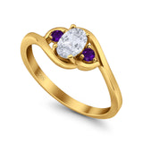 Three Stone Engagement Ring Oval Cut Round Simulated Amethyst Cubic Zirconia 925 Sterling Silver