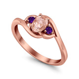 Three Stone Engagement Ring Oval Cut Round Simulated Amethyst Cubic Zirconia 925 Sterling Silver