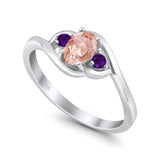 Three Stone Engagement Ring Oval Cut Round Simulated Amethyst Cubic Zirconia 925 Sterling Silver