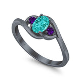 Three Stone Engagement Ring Oval Cut Round Simulated Amethyst Cubic Zirconia 925 Sterling Silver