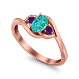 Three Stone Engagement Ring Oval Cut Round Simulated Amethyst Cubic Zirconia 925 Sterling Silver