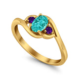 Three Stone Engagement Ring Oval Cut Round Simulated Amethyst Cubic Zirconia 925 Sterling Silver