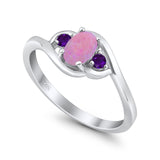 Three Stone Engagement Ring Oval Cut Round Simulated Amethyst Cubic Zirconia 925 Sterling Silver