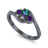 Three Stone Engagement Ring Oval Cut Round Simulated Amethyst Cubic Zirconia 925 Sterling Silver