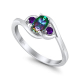 Three Stone Engagement Ring Oval Cut Round Simulated Amethyst Cubic Zirconia 925 Sterling Silver
