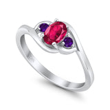 Three Stone Engagement Ring Oval Cut Round Simulated Amethyst Cubic Zirconia 925 Sterling Silver