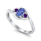 Three Stone Engagement Ring Oval Cut Round Simulated Amethyst Cubic Zirconia 925 Sterling Silver