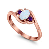 Three Stone Engagement Ring Oval Cut Round Simulated Amethyst Cubic Zirconia 925 Sterling Silver