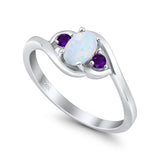 Three Stone Engagement Ring Oval Cut Round Simulated Amethyst Cubic Zirconia 925 Sterling Silver