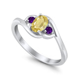 Three Stone Engagement Ring Oval Cut Round Simulated Amethyst Cubic Zirconia 925 Sterling Silver
