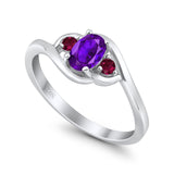 Three Stone Engagement Ring Oval Cut Round Simulated Ruby Cubic Zirconia 925 Sterling Silver