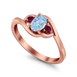 Three Stone Engagement Ring Oval Cut Round Simulated Ruby Cubic Zirconia 925 Sterling Silver