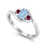Three Stone Engagement Ring Oval Cut Round Simulated Ruby Cubic Zirconia 925 Sterling Silver