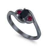 Three Stone Engagement Ring Oval Cut Round Simulated Ruby Cubic Zirconia 925 Sterling Silver